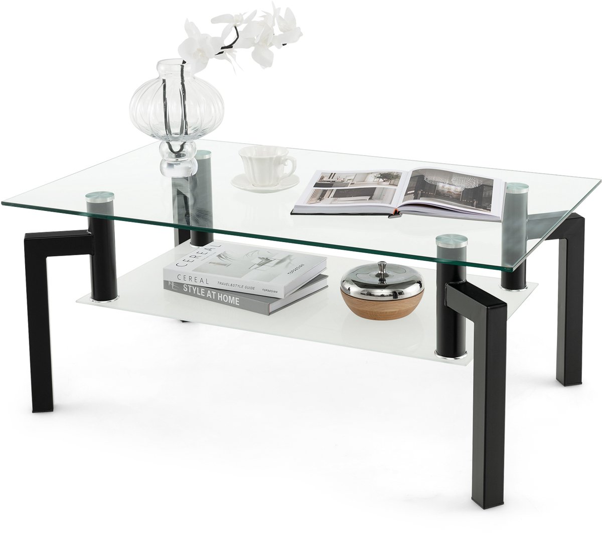 Costway Salontafel met glazen tafelblad glazen tafel koffietafel woonkamertafel salontafel theetafel voor thuis en op kantoor 100 x 60 x 43 cm Zwart