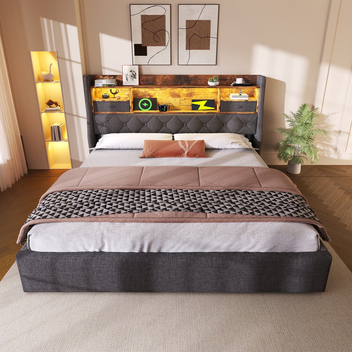 Merax Gestoffeerd bed 140x200 cm met opbergruimte en LED-verlichting - 4 oplaadpoorten (USB/Type-C) - tweepersoonsbed - grijs - zonder matras