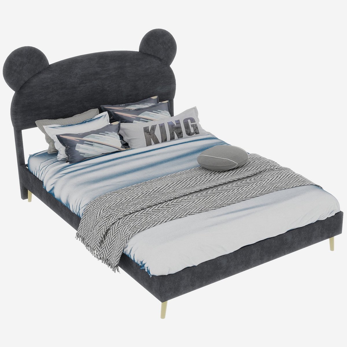 Merax Gestoffeerd Kinderbed 140x200 – Fluwelen Stof Grijs – Cartoon Hoofdbord – Metalen Frame – Houten Lattenbodem – Zonder Opbergruimte – Zonder Matras