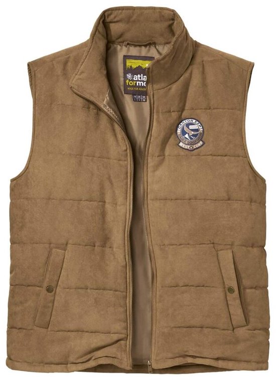 Bruine, gewatteerde bodywarmer met rits en zakken, met logo op de borst.