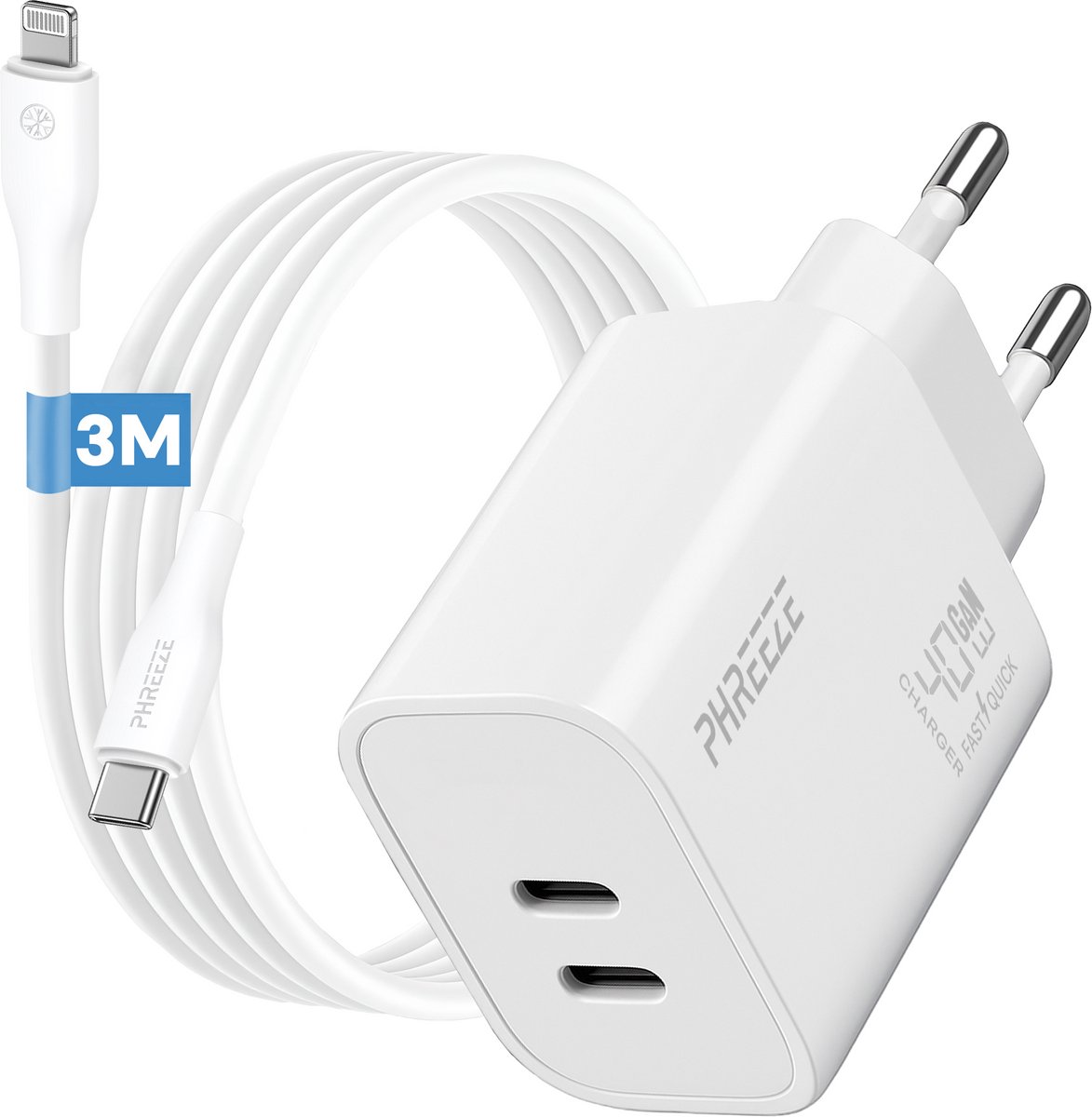 Phreeze usb C snellader - Met kabel geschikt voor iPhone en iPad met Lightning kabel - 3 meter - Power Delivery oplader met dubbele usb C poorten