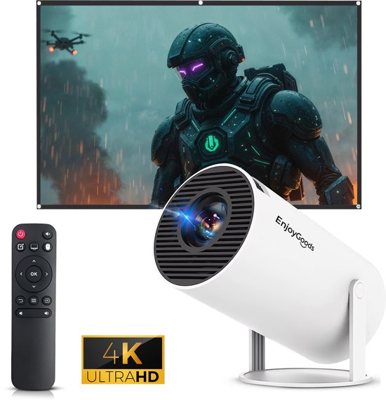 EnjoyGoods® Pro Mini Beamer 2026 – Smart Projector met Android 14, WiFi 6 & Bluetooth 5.4 – 4K Support, Inclusief Projectiescherm – Draagbare HD Beamer voor Film & Gaming - Alles‑in‑één Thuisbioscoop