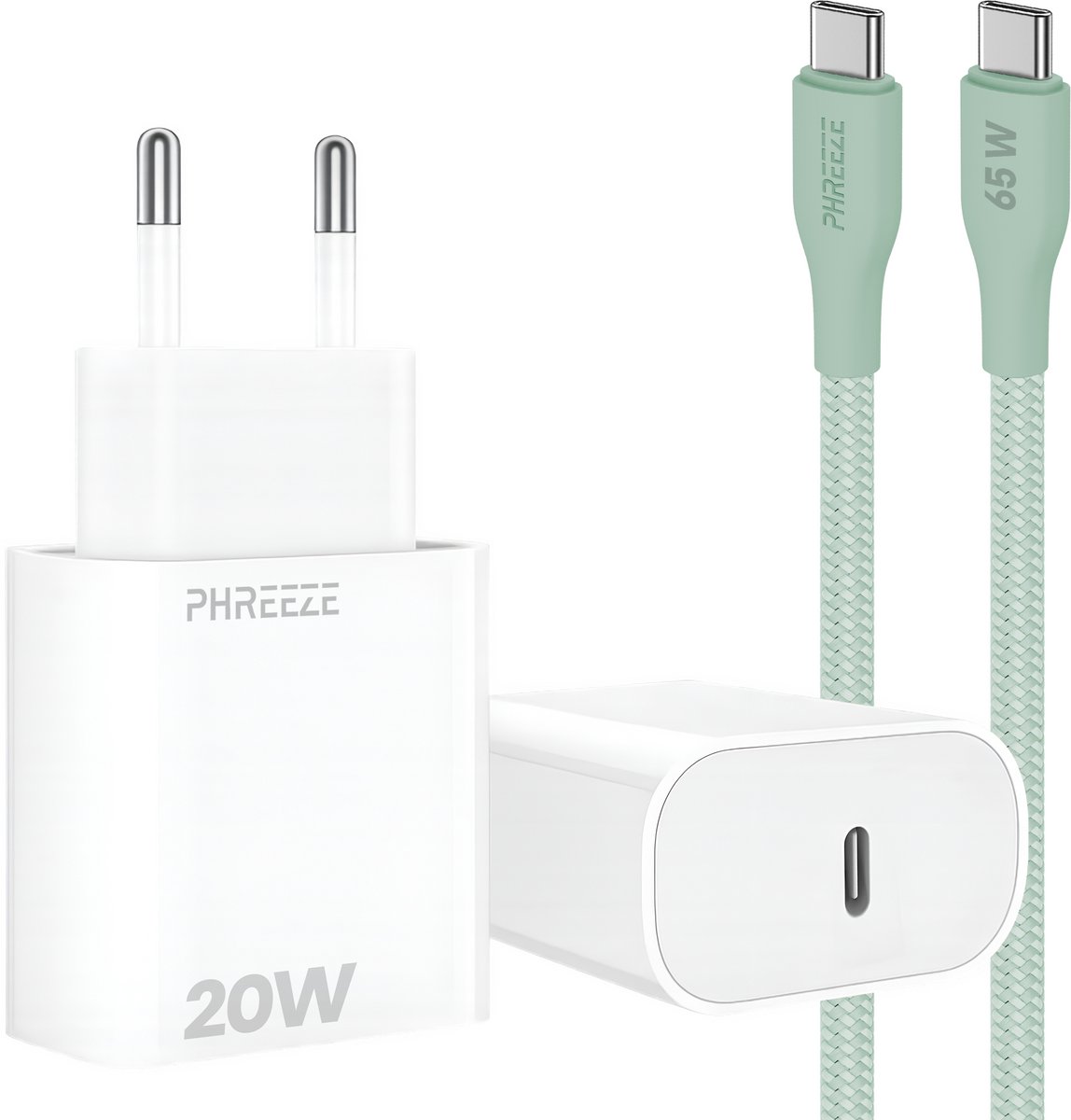 Power Delivery oplader met 20w usb C poort - Usb C kabel 1m groen - Usb C naar usb C