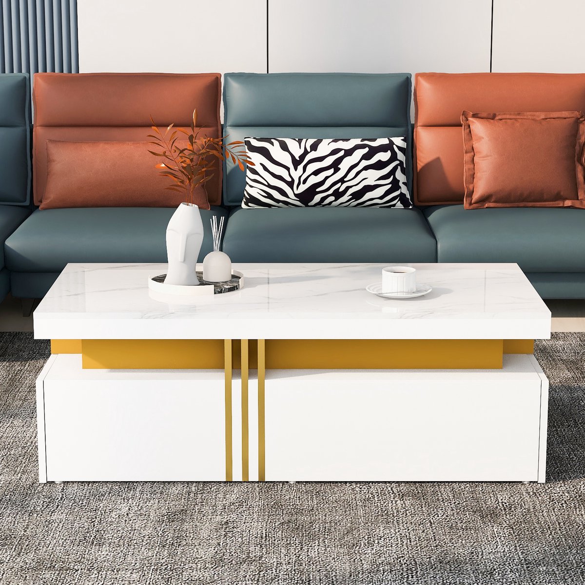 MODFU Salontafel 100×50×40 cm – Hoogglans marmerlook met 2 lades – Gouden metalen rand – Opbergruimte – Spaanplaat – Wit – Woonkamer