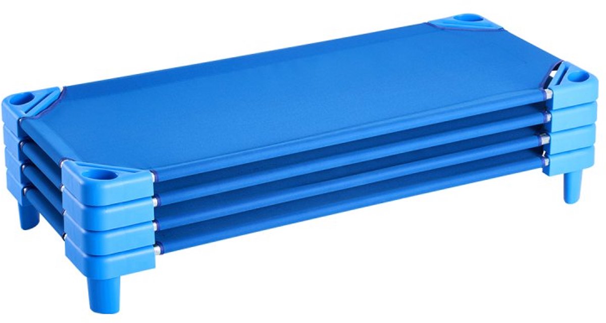 Stapelbare Kinderbedjes - Set van 4 Peuter- en Rustbedjes - Draagbaar - Standaardmaat 130 x 57 x 15 cm - Voor Kinderdagverblijf en Kleuterklas - Blauw