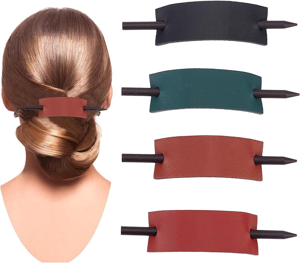 EGoods - Set van 4 leren haarspelden met stok, effen schuivers en haarklemmen