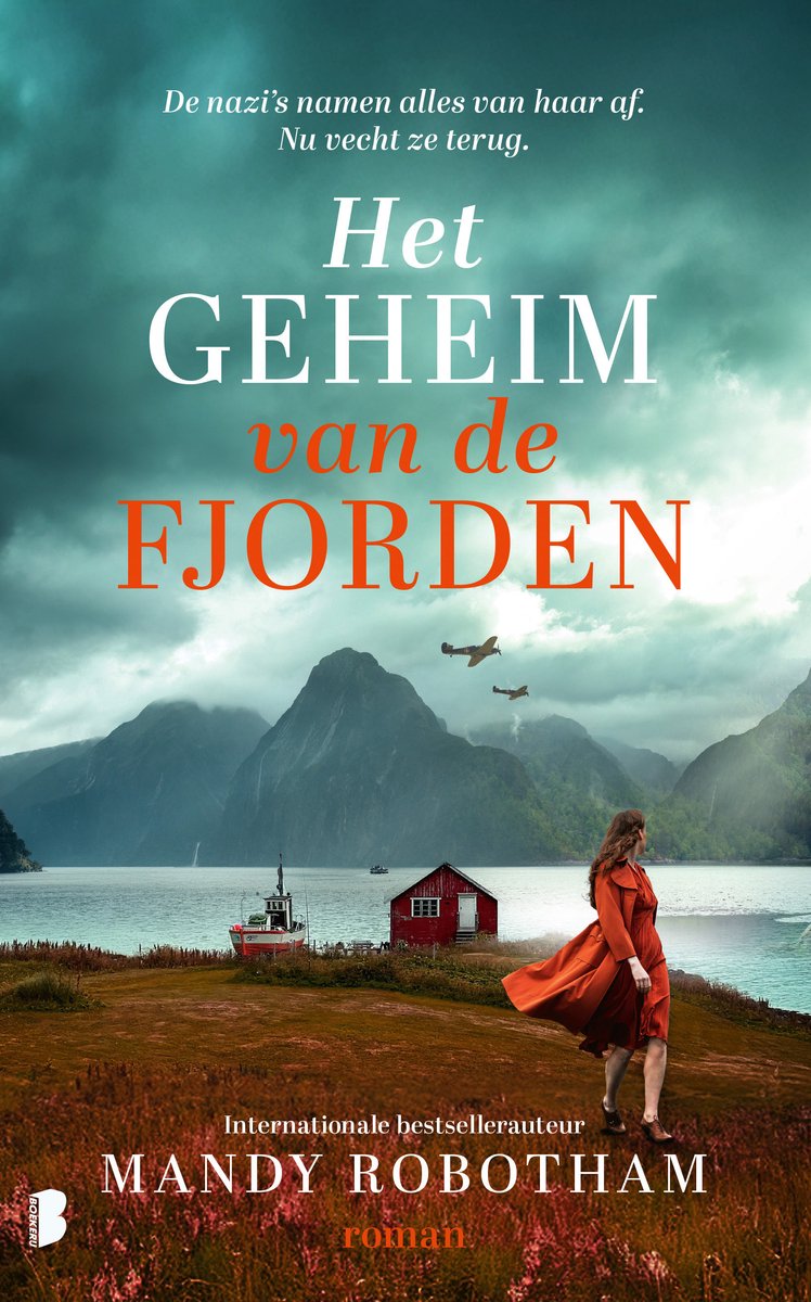 Boek "Het geheim van de fjorden" met een vrouw in rode jurk op een heuvel, fjorden en vliegtuigen.