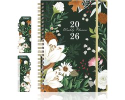 Agenda 2026-2027 – Weekplanner jan–dec – Spiraalgebonden dubbele wire-o – 360° omslaan – Hardcover met metalen hoekbeschermers – Elastische sluitband – Florale omslag – 21,7 x 15,8 cm