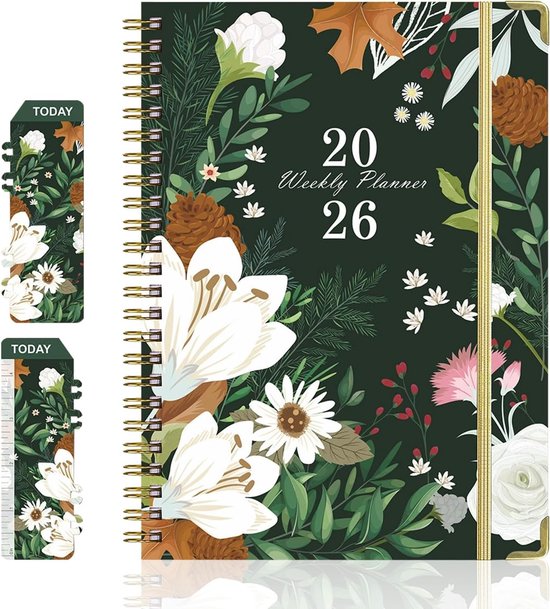 Agenda 2026-2027 – Weekplanner jan–dec – Spiraalgebonden dubbele wire-o – 360° omslaan – Hardcover met metalen hoekbeschermers – Elastische sluitband – Florale omslag – 21,7 x 15,8 cm