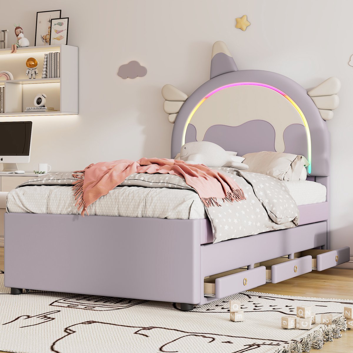 OKWISH Peuterbed 90x200 - Kinderbed Eenpersoonsbed met Schuifbed en Opberglade, Cartoon Eenhoorn Design - PU - Lila — cadeau in Cadeau-ideeën - foto 8
