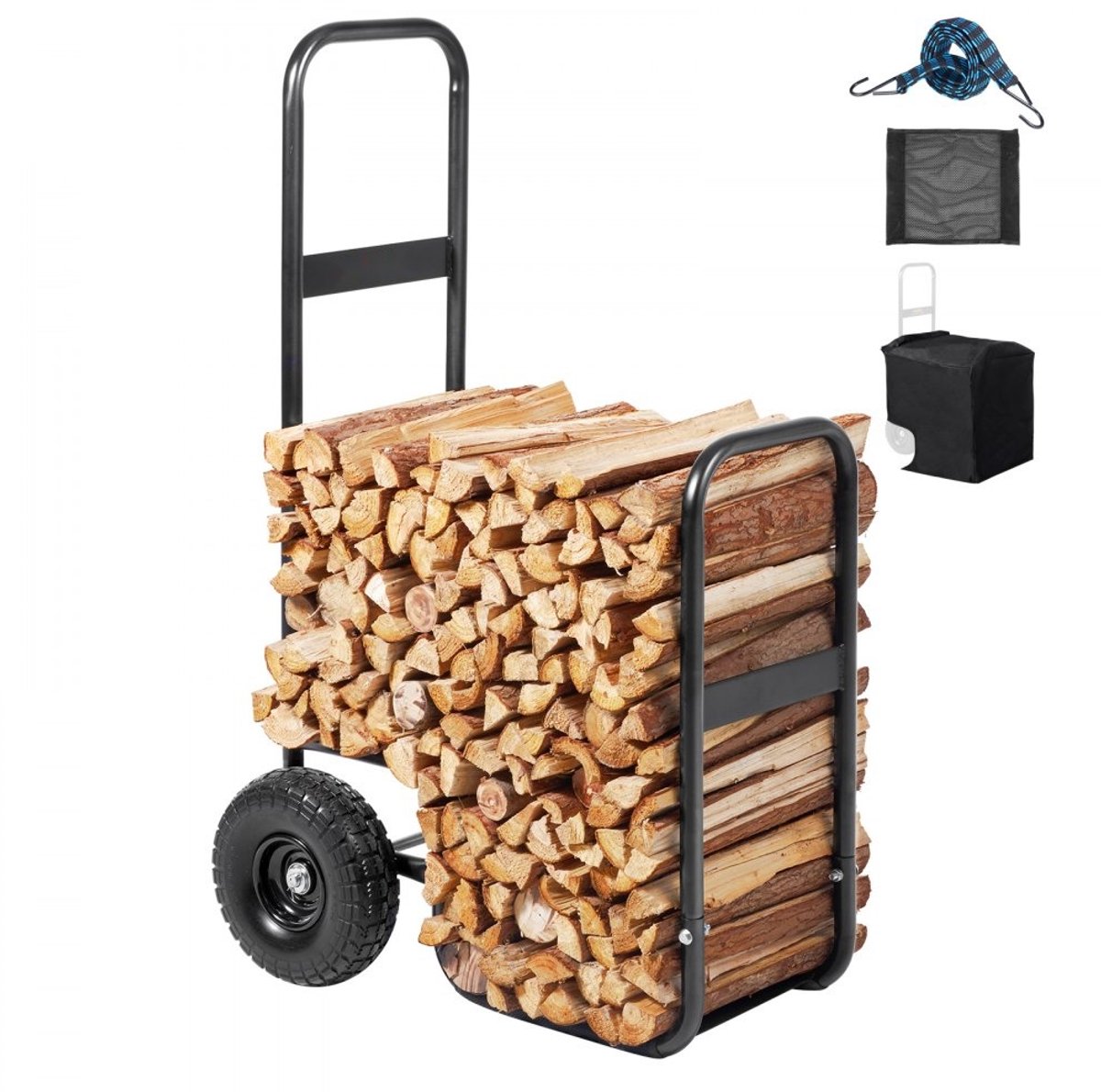 Haardhoutkar - Houtkar Transportkar - Gepoedercoat Staal - 67x52x110 cm - 26,7 cm Rubberen Wielen - Max. 113,4 kg - Inclusief Bungeekoord en Grondnet - 600D Oxford Doek
