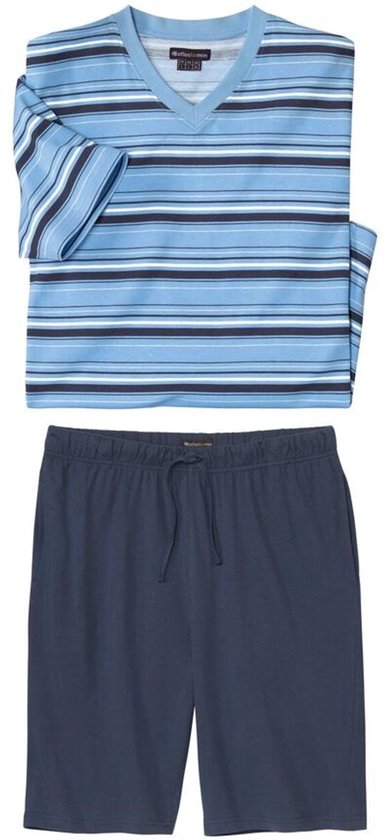 Ensemble de pyjama bleu rayé à manches courtes et short bleu foncé à cordon de serrage.