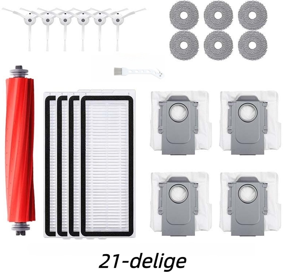 Accessoires Vervangende - 21-Delige - Geschikt voor Roborock Q Revo MaxV/Pro/P10 Pro Robotstofzuiger - 1 Hoofdborstel, 6 Zijborstels, 4 HEPA-filters, 6 Dweildoeken, 4 Stofzakken - Met Borstel