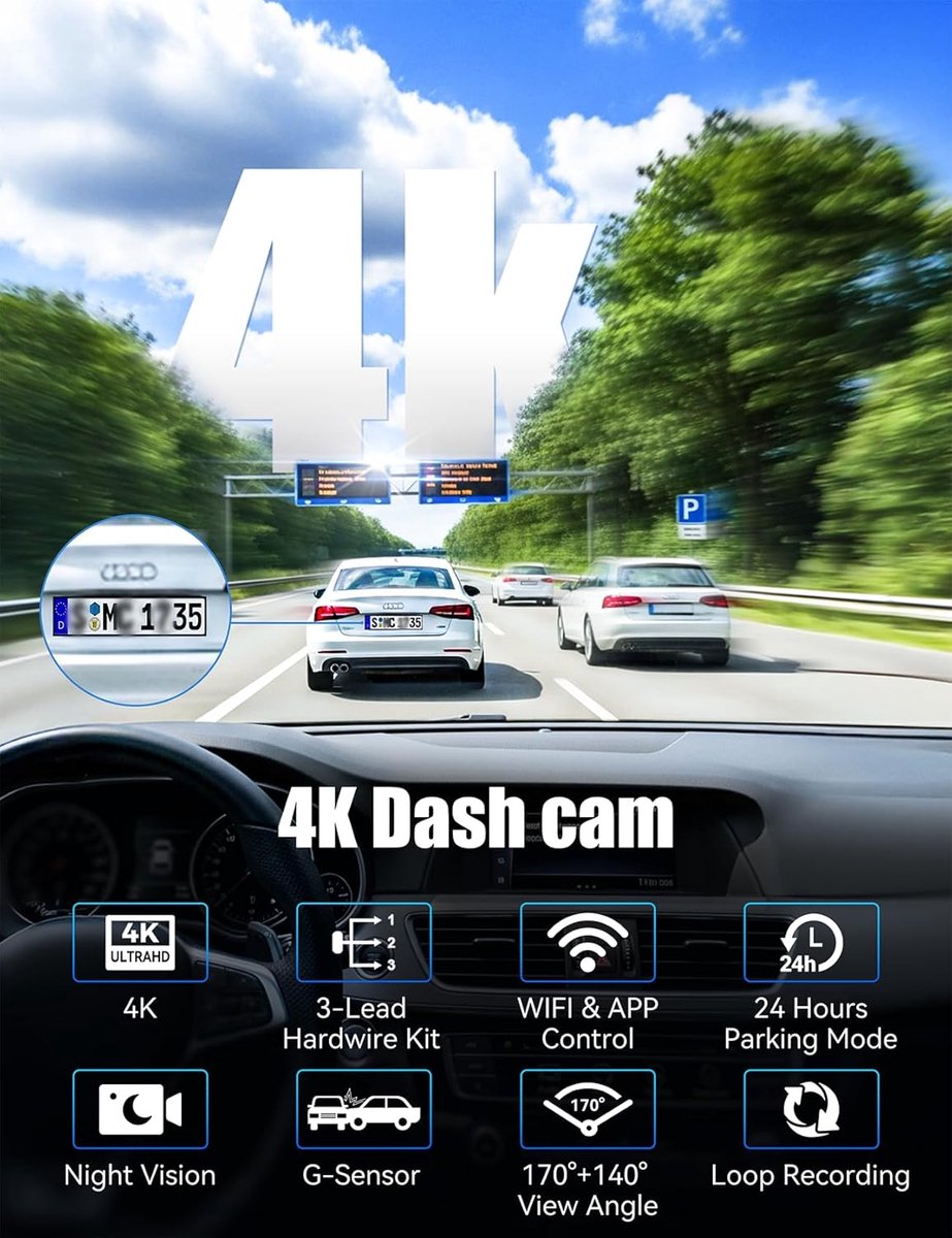 4K dashcam voor de auto - voor en achter met hardwire kit, wifi dashcam met parkeerbewaking, 64 GB SD-kaart, 3-kanaals autocamera met nachtzicht, 170° groothoek, WDR, G-sensor, loopopname – foto 2