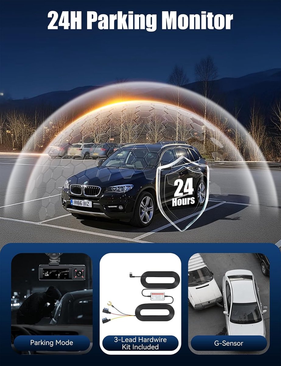 4K dashcam voor de auto - voor en achter met hardwire kit, wifi dashcam met parkeerbewaking, 64 GB SD-kaart, 3-kanaals autocamera met nachtzicht, 170° groothoek, WDR, G-sensor, loopopname – foto 5