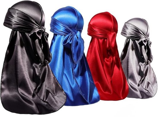 Set van vier durags in zwart, blauw, rood en zilver. Elk met lange banden.