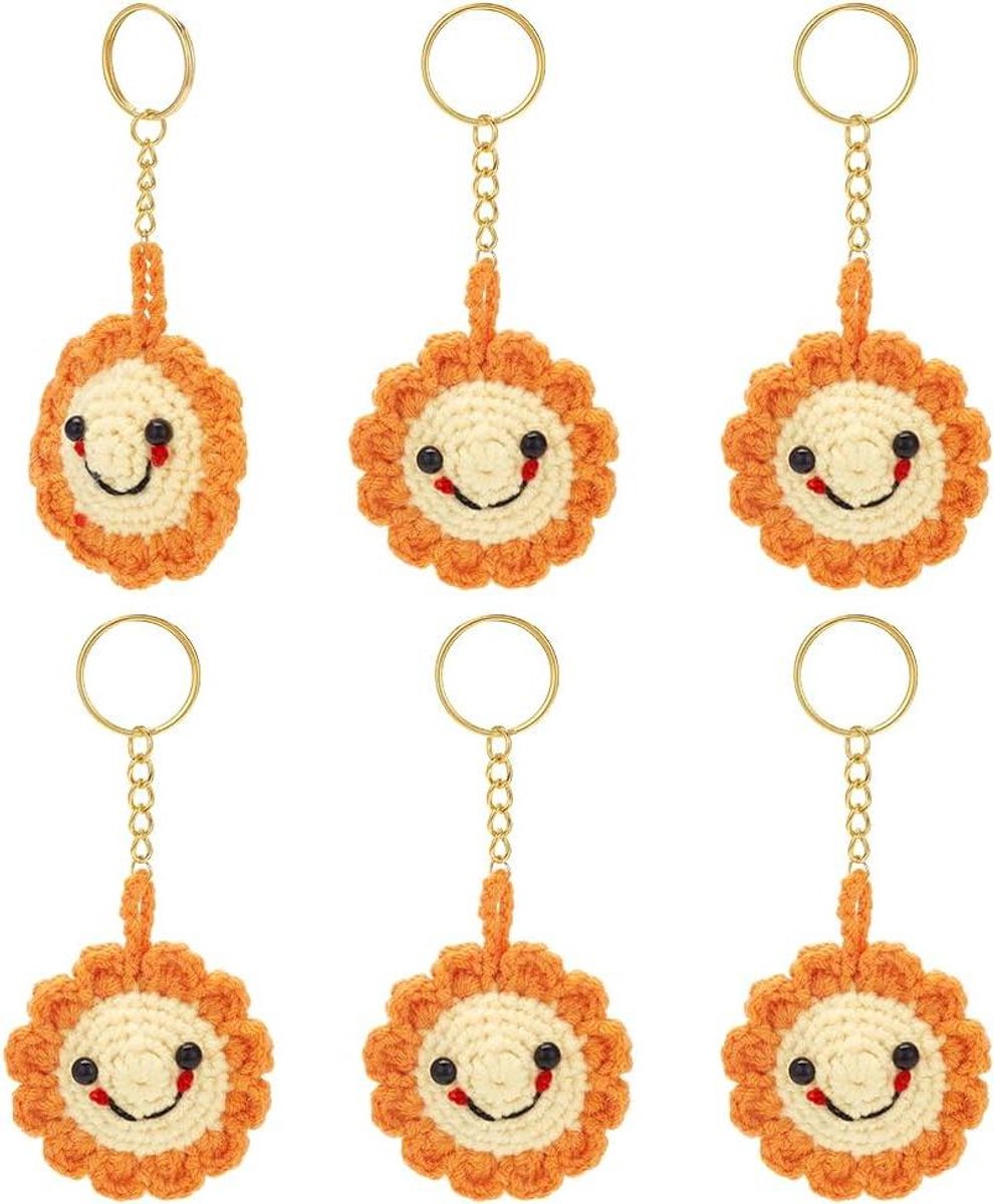 EGoods - Zonnebloem Sleutelhangers voor Tas en Auto Decoratie - 6 Stuks - Oranje - Geweven Wol - Handtas Hanger - Hangende Ornamenten