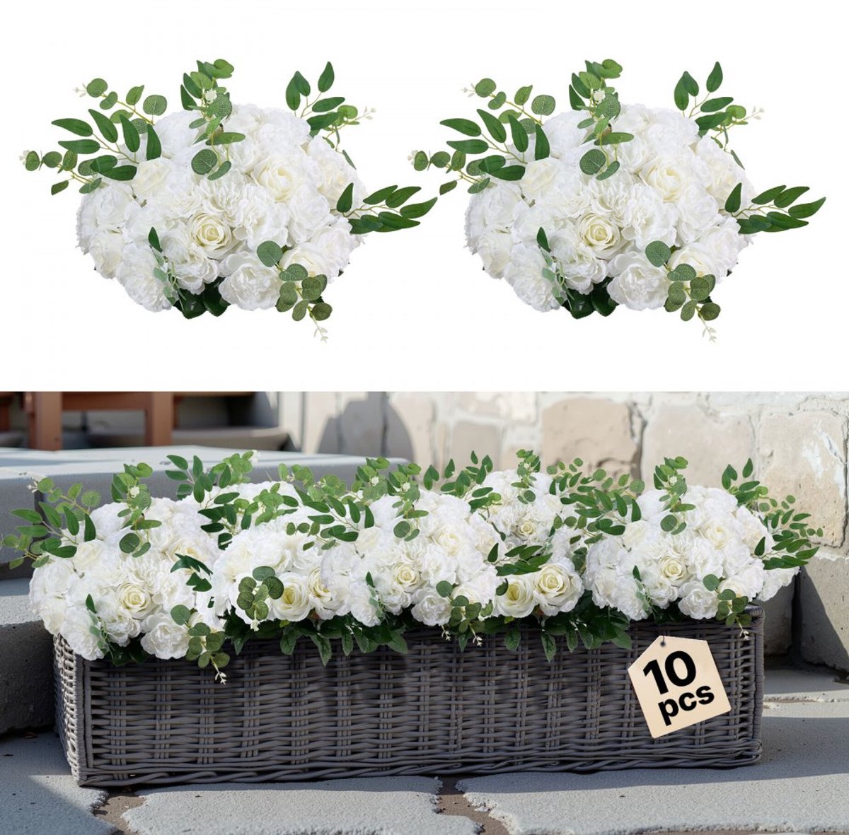 Kunstbloemen - Rozen Bloemstukken - Set van 10 - Diameter 45 cm - Voor Bruiloftdecoratie - Tafeldecoratie - Wit