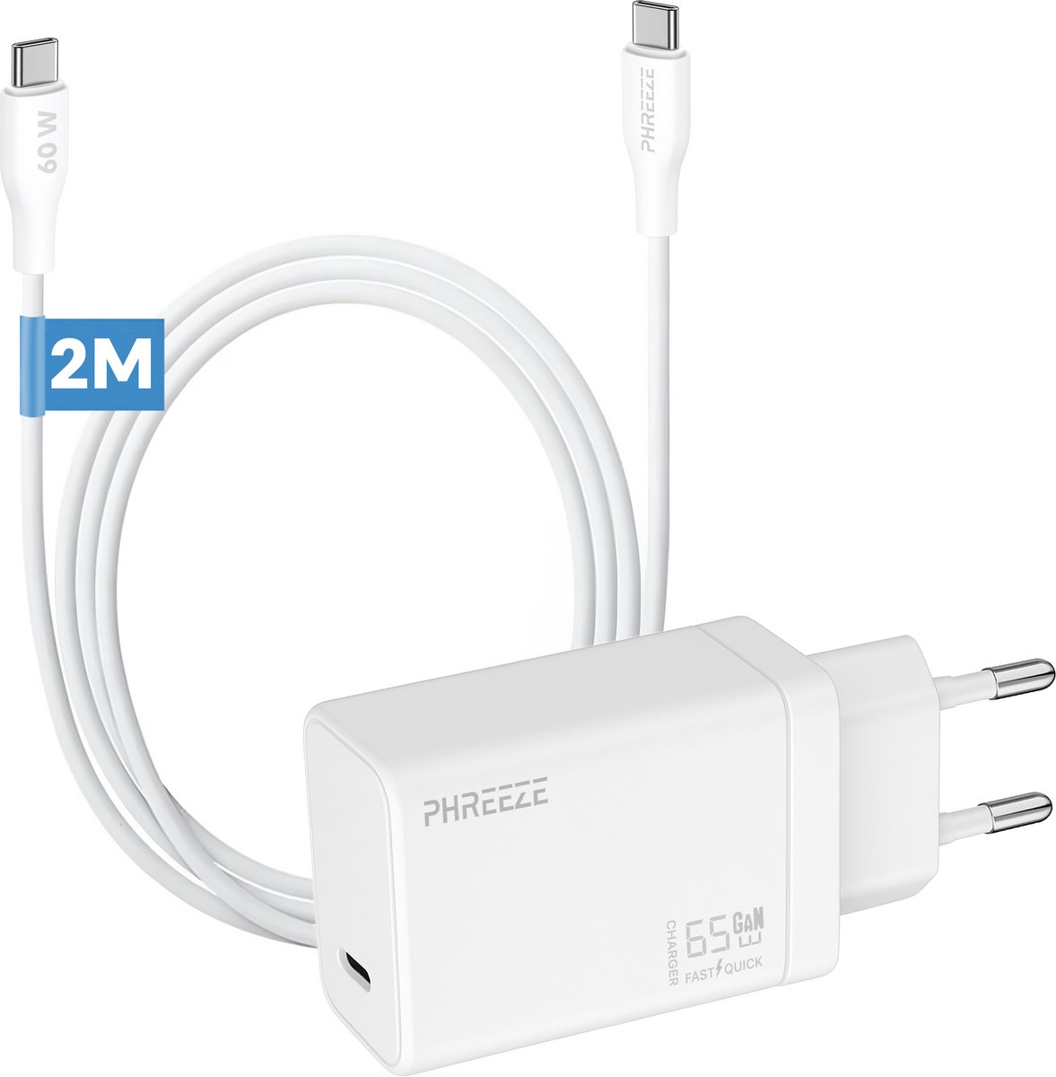 Phreeze usb C power adapter 65 W met kabel - Snellader voor laptop en tablet - Power Delivery charger