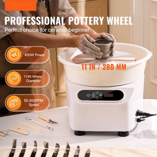 Pottenbakkersschijf - Elektrische Kleidraaischijf - 28 cm Schijf - 450 W Motor - Pedaalbediening - Directe Aandrijving - Voor Keramiek - Vormgereedschap Inbegrepen - Wit — afbeelding 5