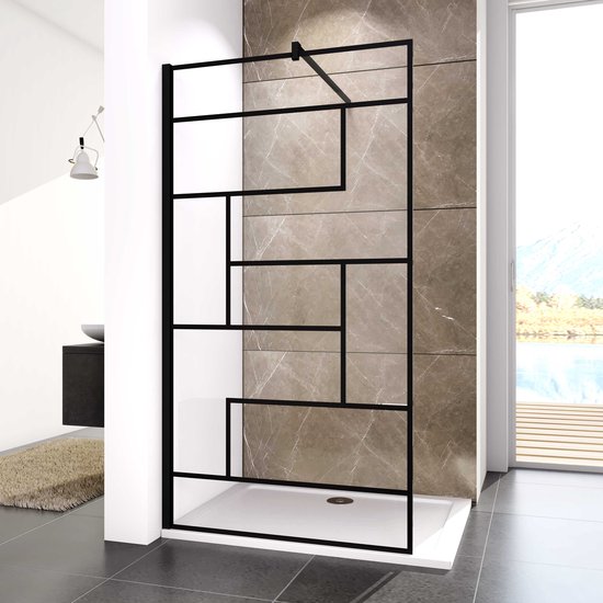 Aica Paroi de douche moderne 30x200 cm - Verre trempé sûr 8 mm NANO Easyclean - Tige de stabilisation en forme de F coupable de 90 cm - Facile à installer - Profil en noir mat