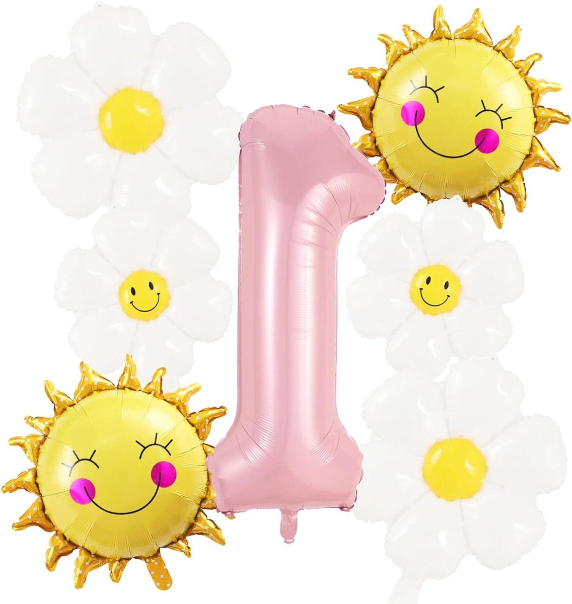 EGoods - Ballondecoratie verjaardag meisje - 7 folieballonnen - Madeliefje - Zon - Bloemen helium ballon - Eerste verjaardag decoratie