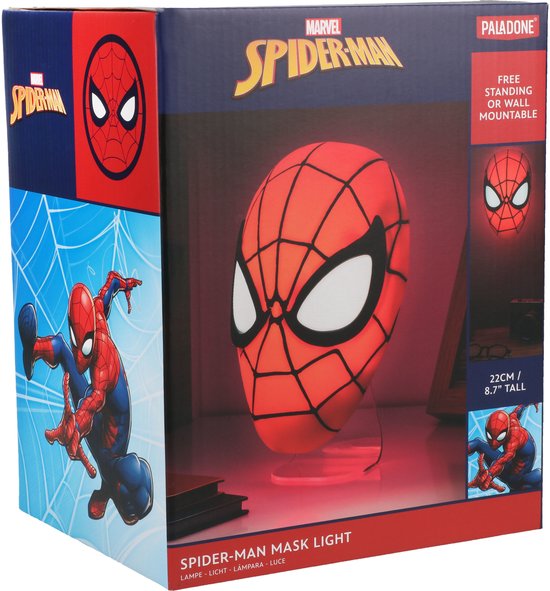 Verpakking van het Spiderman maskerlicht, met afbeeldingen van Spiderman en het masker.