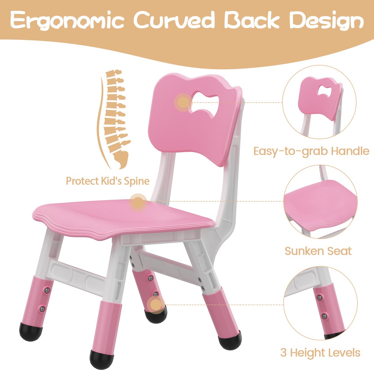HOERFURIY Kinderstoel Set van 2 met hoogte verstelbare stoel, Plastic peuterstoelen voor kinderen jongens meisjes, Kinderen Hangmat stoel, Booster stoelen voor peuters, Roze thumbnail 3