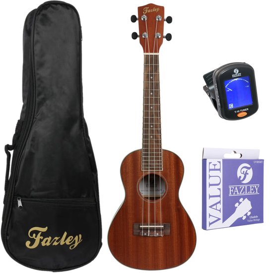 Fazley concert ukelele met hoes, tuner en extra snaren op witte achtergrond.