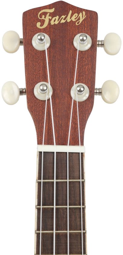 Hoofd van een bruine ukelele met de tekst 'Fazley' en witte stemknoppen.