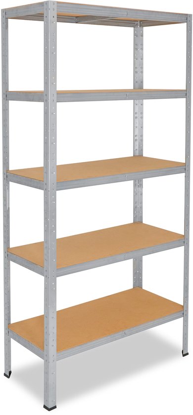 Étagère métallique argentée à 5 tablettes en bois, vue de côté.