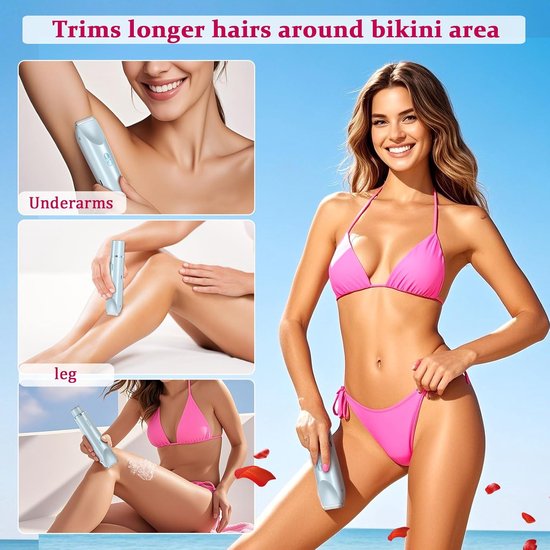 Vrouw in bikini gebruikt blauwe lady trimmer op oksels, benen en bikinilijn.
