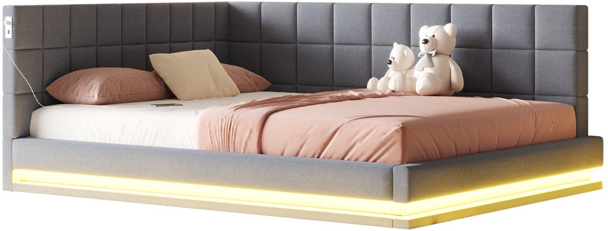 Merax Slaapbank 160x200 - Gestoffeerd Bed van Linnen - LED Verlichting met Afstandsbediening en USB-poort - Grijs - Inclusief Houten Lattenbodem