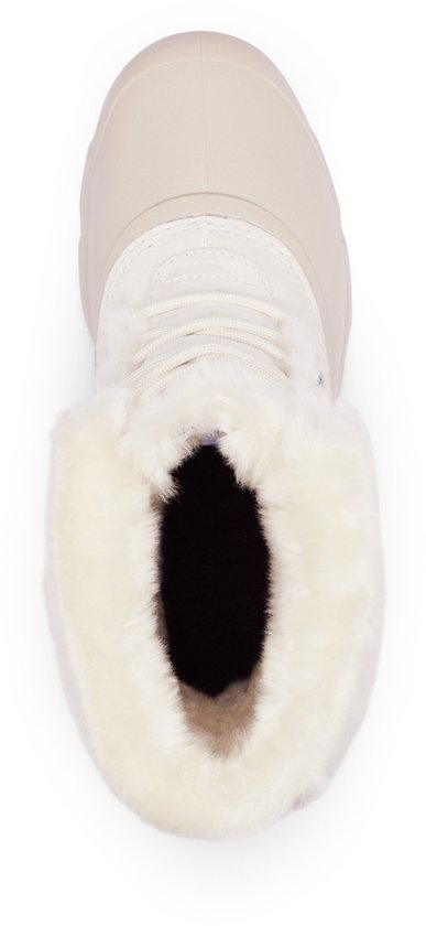 Bovenkant van een crème kleurige dames snowboot van Sorel met bontrand.