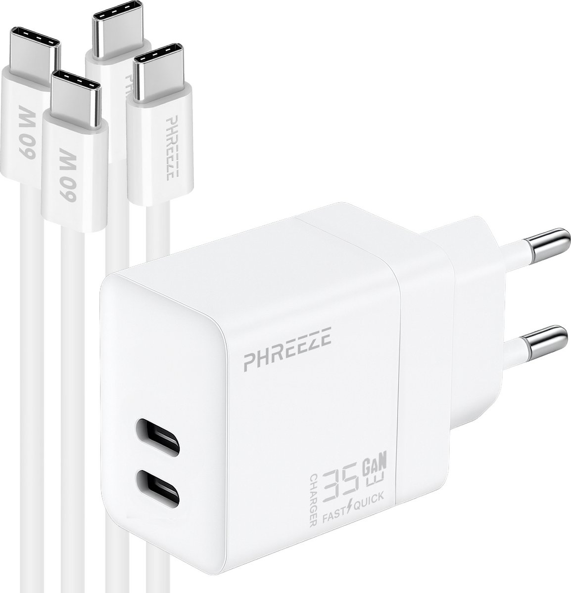 Phreeze usb C oplaadset 35 W - GaN charger met 2x usb C naar usb C kabels - Snellader