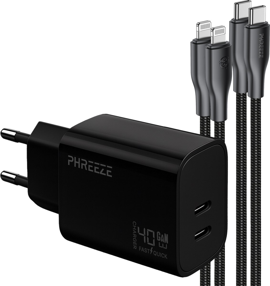 40w snellader geschikt voor iPhone en iPad met Lightning kabel - Phreeze usb C Power Delivery oplader 40 W - Dual port GaN charger met 2 kabels 1m