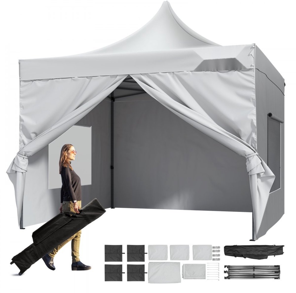 Tuinpaviljoen Partytent - Pop-up Vouwtent 3x3 m - 500D PU met Zilvercoating - Hoogte Verstelbaar tot 320 cm - Inclusief Draagtas - Voor 6-8 Personen - Wit