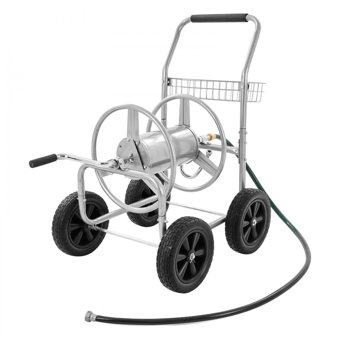 Slanghaspelwagen - Tuinslangwagen - Capaciteit Tot 76 m (Ø 1,5 cm) - Vier Wielen - Stalen Frame - Met Opbergmand