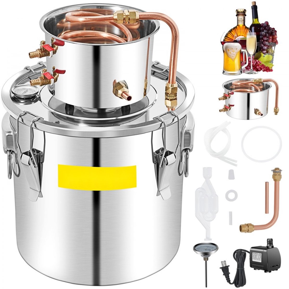 Alambiek Distilleerketel - Moonshine Alcohol Distilleerset - Inhoud 50 L - Energiezuinige Waterpomp - Voor Gasfornuis en Open Vuur - Gewicht 6,92 kg - RVS en Roodkoper