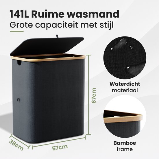 Afmetingen van de zwarte wasmand: 57cm breed, 38cm diep en 67cm hoog. Gemaakt van bamboe en waterdicht materiaal.