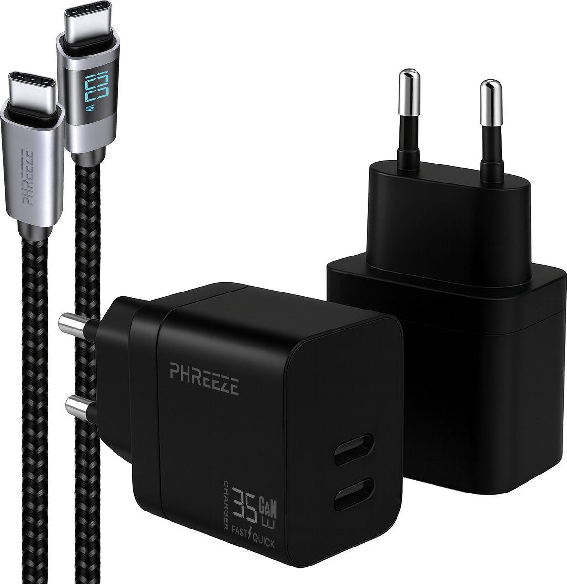 Usb C adapter 35w 2 poorten GaN - Usb C naar usb C - 1 meter - Snellader - Zwart