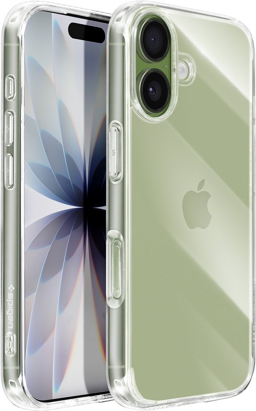 Coque transparente avec logo Spigen, à côté d'un téléphone.