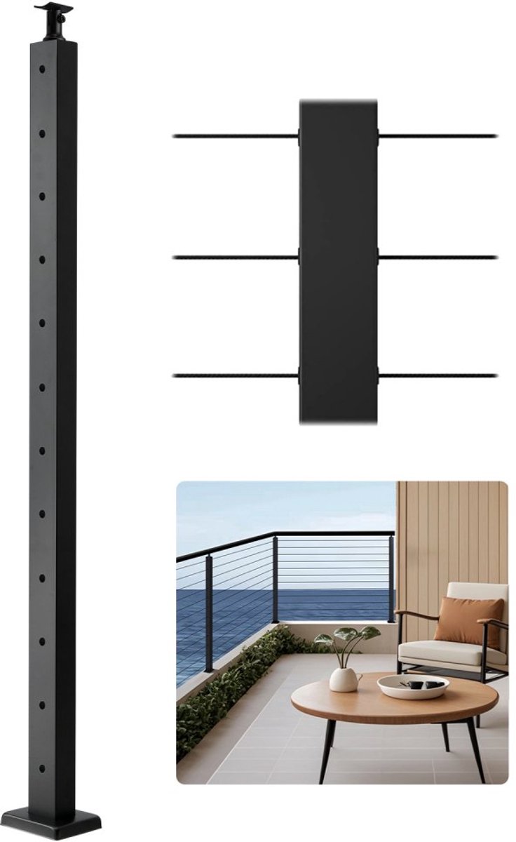 Kabelleuningpaal - Paal voor Trapleuning en Balustrade - RVS 304 - Voorgeboorde Horizontale Gaten - 1067 x 50,8 x 50,8 mm - Zwart