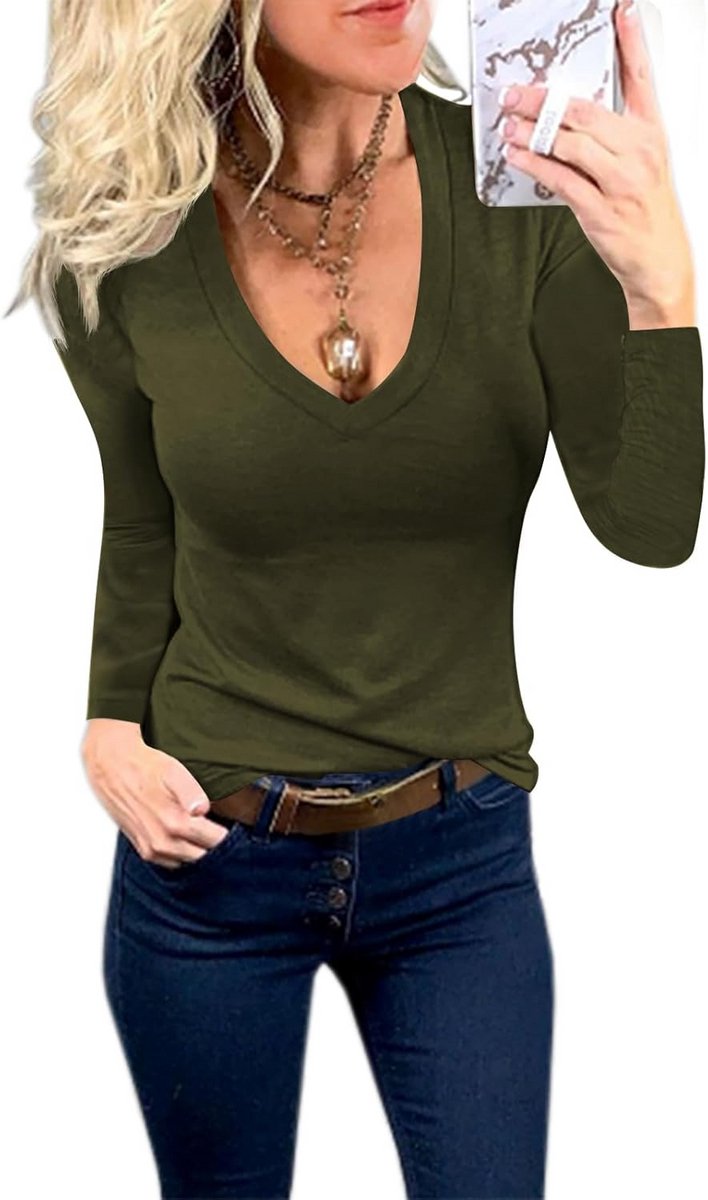 Dames Shirt Lange Mouwen Sexy V-Hals Slim Fit Basic Top