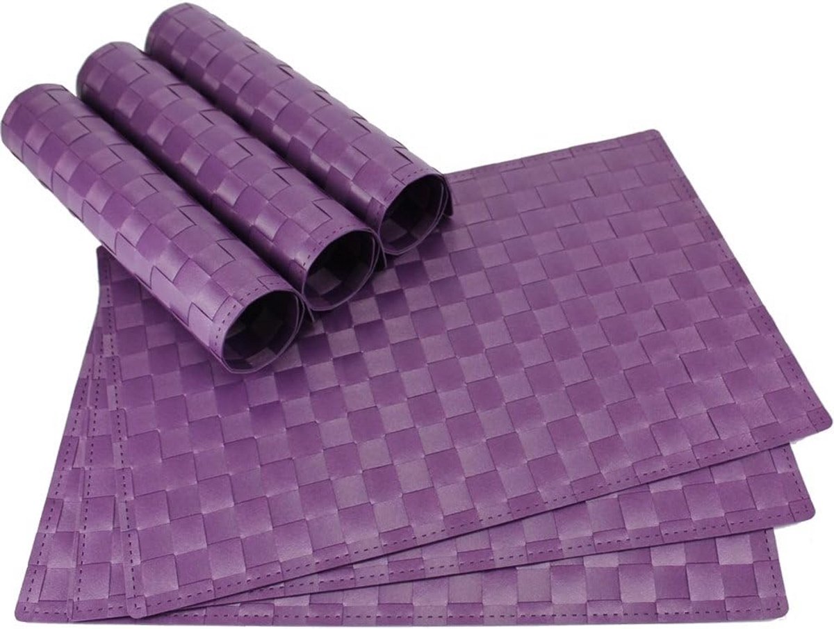 Set van 6 Moderne Placemats - Gevlochten Tafelmatten in Violet Paars Kunststof - 45x30 cm