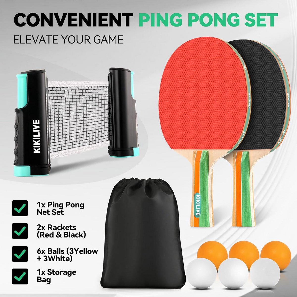 Complete Tafeltennisset met Uittrekbaar Net, Batjes, Ballen en Handige Draagtas