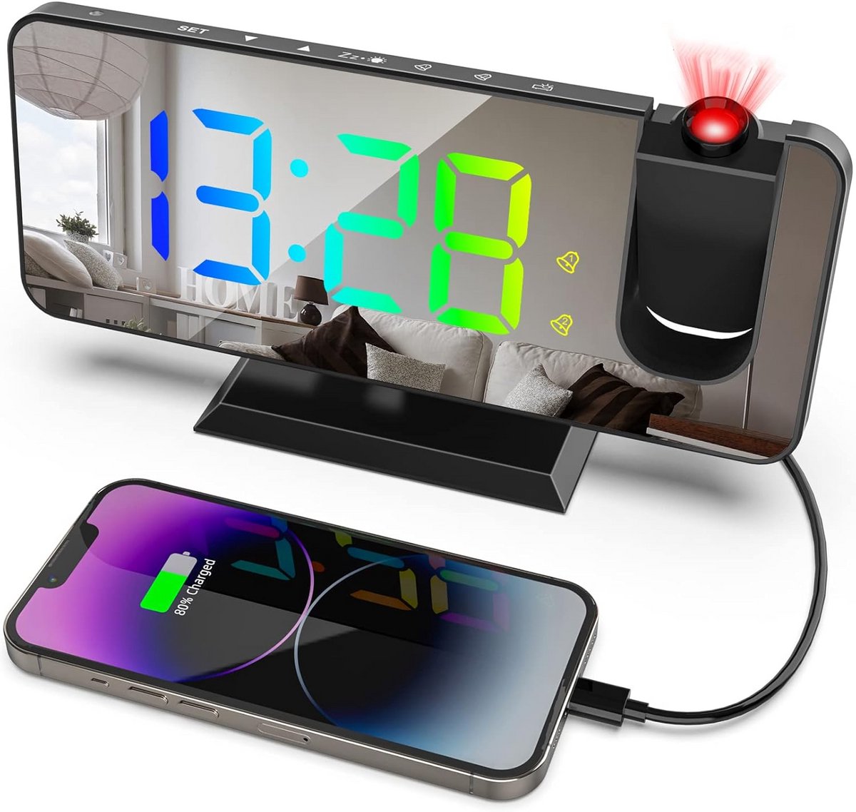 Digitale Projectie Wekker met 7.5 Inch Kleurendisplay en Dimmer - Nachttafelklok