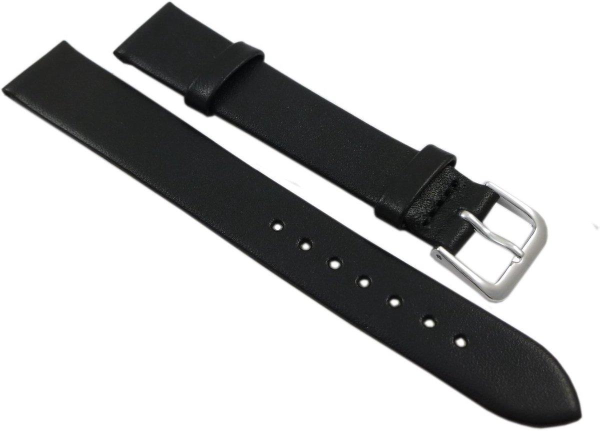 Horlogeband 14mm Zacht Kalfsleer Zwart Zilver