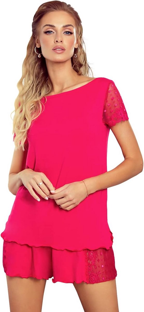 Shortpyjama met Kant - Roze/Framboos - Viscose