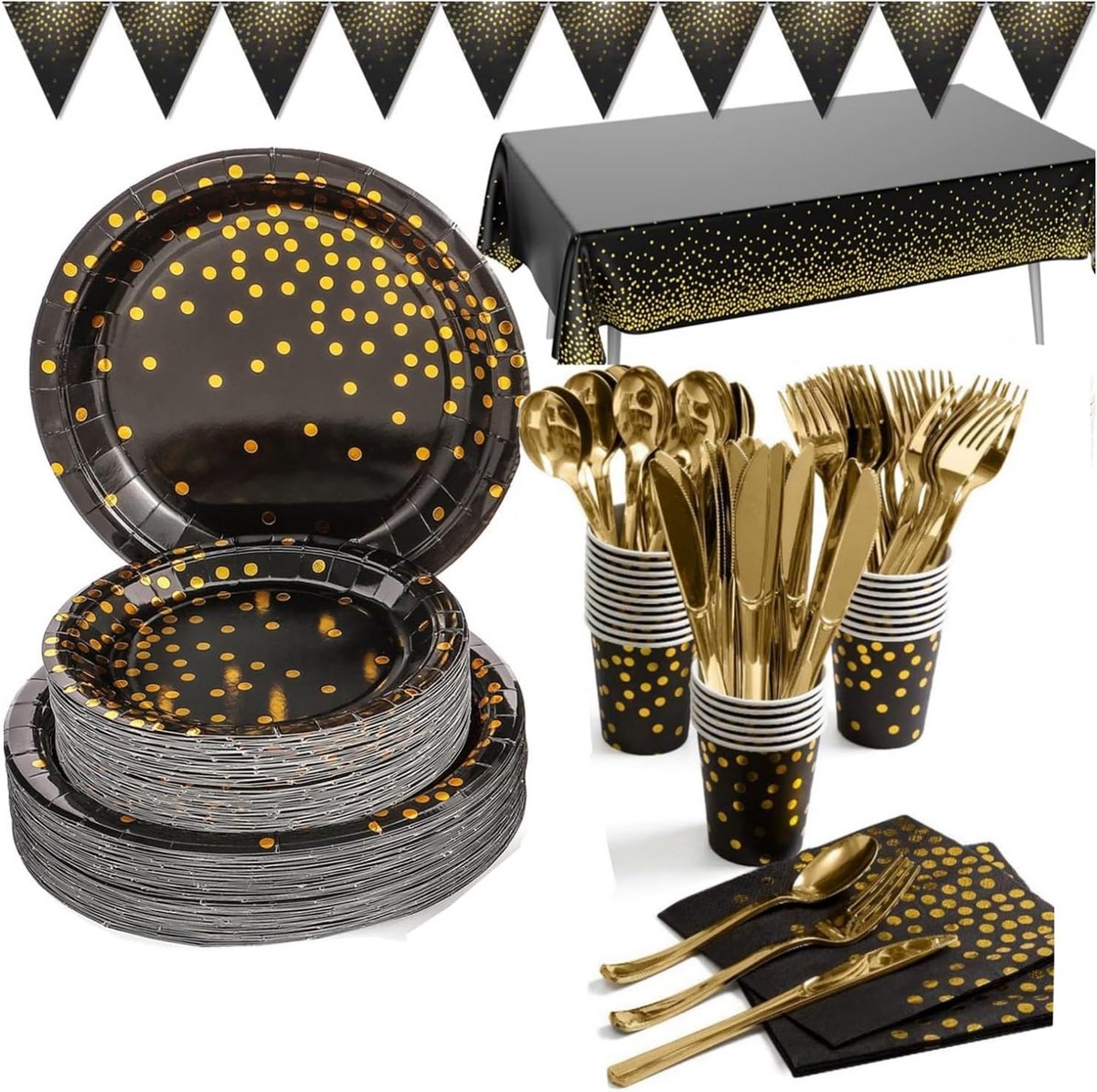 Zwart-gouden papieren servies, 142 stuks, 20 gasten, feest, bruiloft, babyshower, Kerstmis